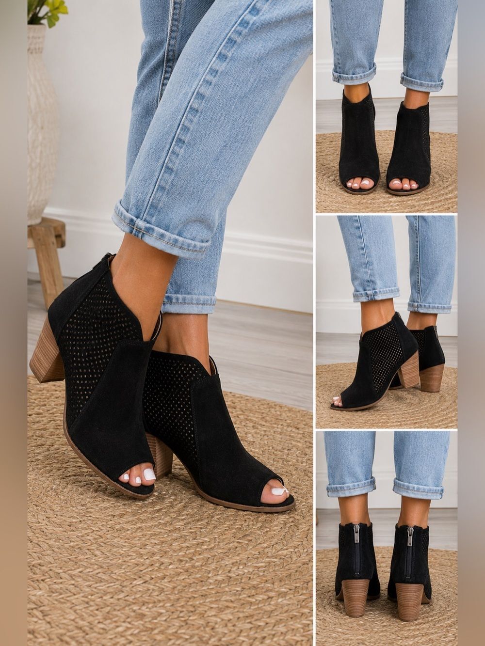 Lucky Brand La Lamia Black Suede Perforated Peep Toe Booties Size 11 NWT